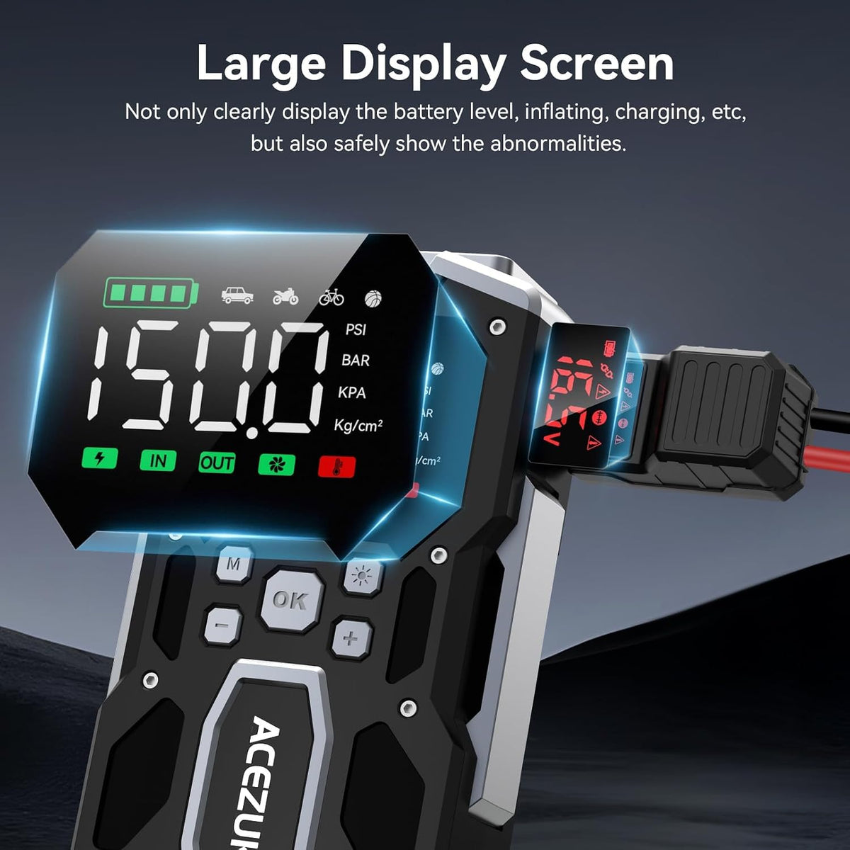 Portable Car Jump Starter with Air Compressor, ACEZUK 160PSI 8000A Jump Starter (All Gas/10.0L Diesel), 12V Battery Jump Box Car Battery Jumper Starter with 3.4" LCD Display, 2 Lights