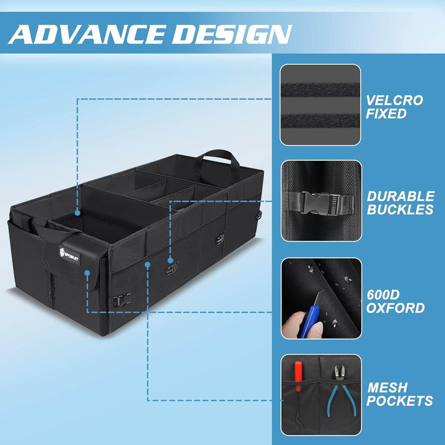 Sposuit Trunk Organizer for Car - 70L Collapsible Car Storage with 11 Pockets & Reinforced Handles, SUV Trunk Organizers for Grocery Cargo(Black)