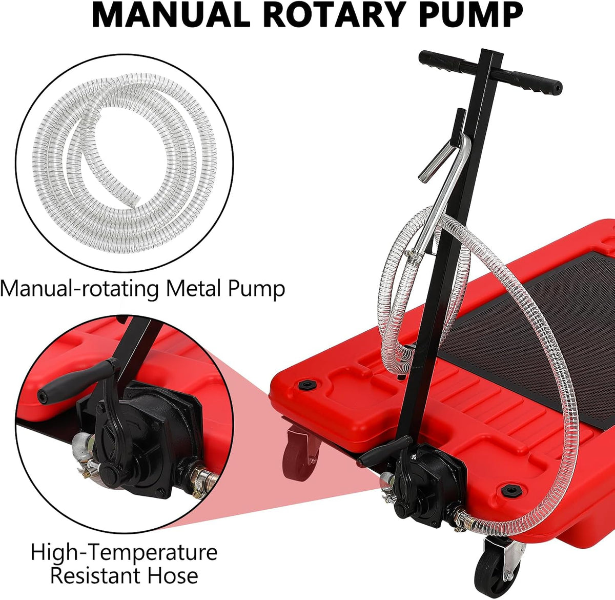 Garvee 20 gal Oil Drain Pan Oil Drain Tank, 76 L Low Profile Oil Drain Pan, Large Capacity Oil Change Pan with Manual Pump & T Foldable Hand and Wheels, 8 ft Hose Oil Drain Cart for Car, SUV, Trucks