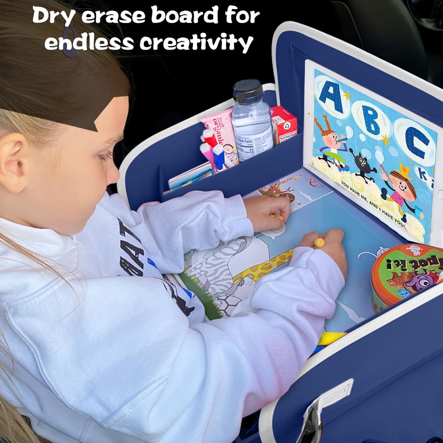 MENZOKE Kids Travel Tray for Toddler Car Seat, Road Trip Activities for Kids with iPad Holder Stand & Dry Erase Board, Road Trip Essentials Accessories Lap Tray as Travel Gifts for Kid, Pink