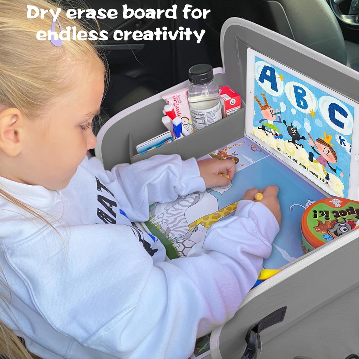 MENZOKE Kids Travel Tray for Toddler Car Seat, Road Trip Activities for Kids with iPad Holder Stand & Dry Erase Board, Road Trip Essentials Accessories Lap Tray as Travel Gifts for Kid, Pink