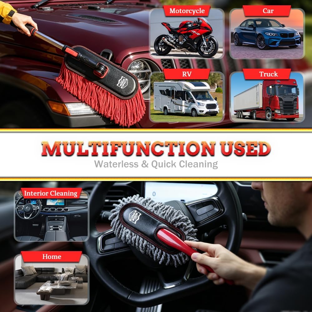 Car Duster Exterior Scratch Free,Car Dust Brush with Extendable Telescoping Handle to Remove Dust Pollen,Duster for Car,Truck,RV and Motorcycle,Large Auto Mop Duster Head, Wax Cotton Hair
