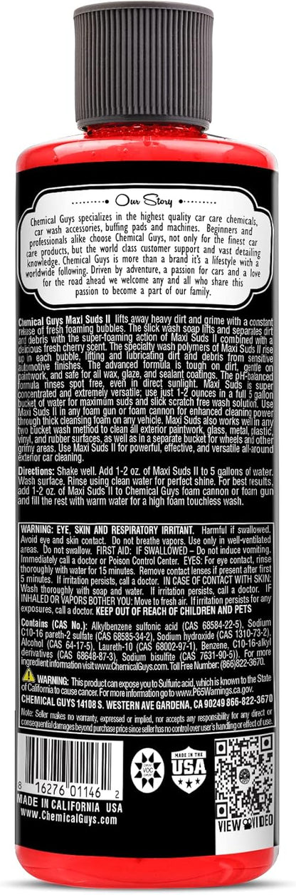 Chemical Guys Maxi Suds II Foaming Car Wash Soap – High Foam Car Wash Soap, Cherry Scent Shampoo and Gloss Booster for Foam Cannons, Guns or Buckets – Gentle, Safe for Trucks, SUVs, and RVs, 64 oz