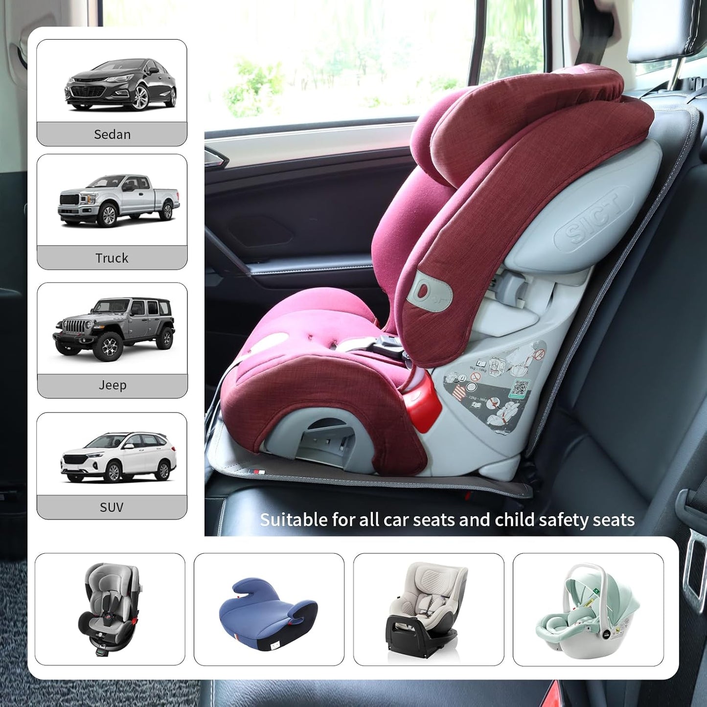 Viaviat Car Seat Protector Leather Waterproof Child Safety Seat Protector Cover with Thick Pad and 2 Large Pockets Durable Kick Mat for All Auto Seat (Beige)