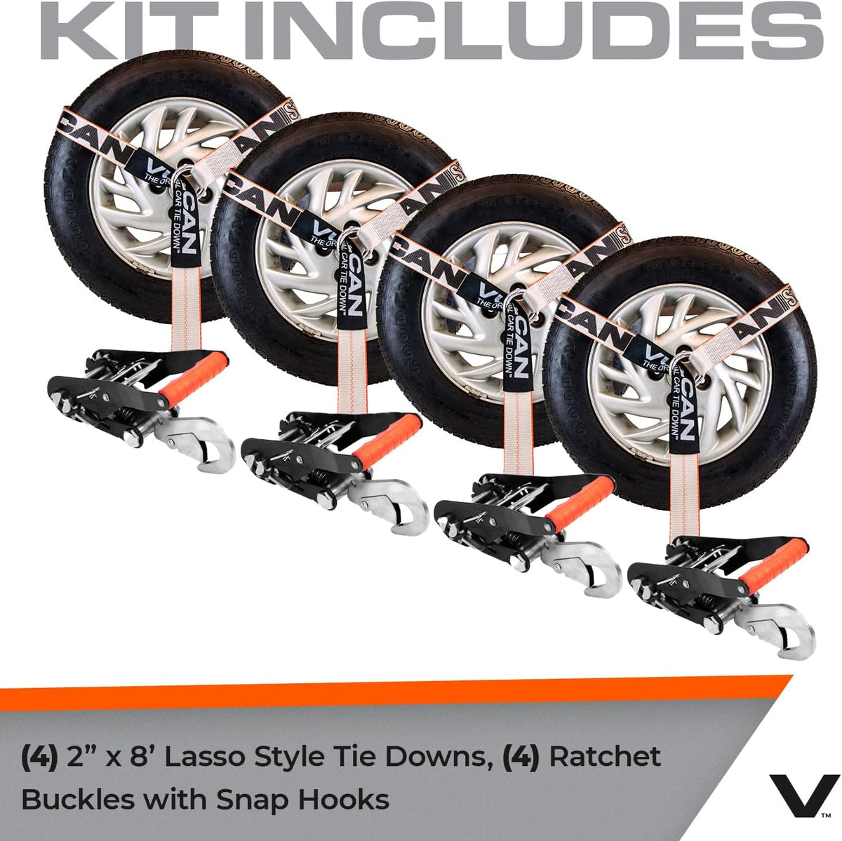 VULCAN Car Tie Down with Flat Hooks - Lasso Style - 2 Inch x 96 Inch - 4 Pack - Silver Series - 3,300 Pound Safe Working Load