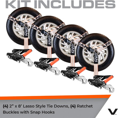 VULCAN Car Tie Down with Flat Hooks - Lasso Style - 2 Inch x 96 Inch - 4 Pack - Silver Series - 3,300 Pound Safe Working Load