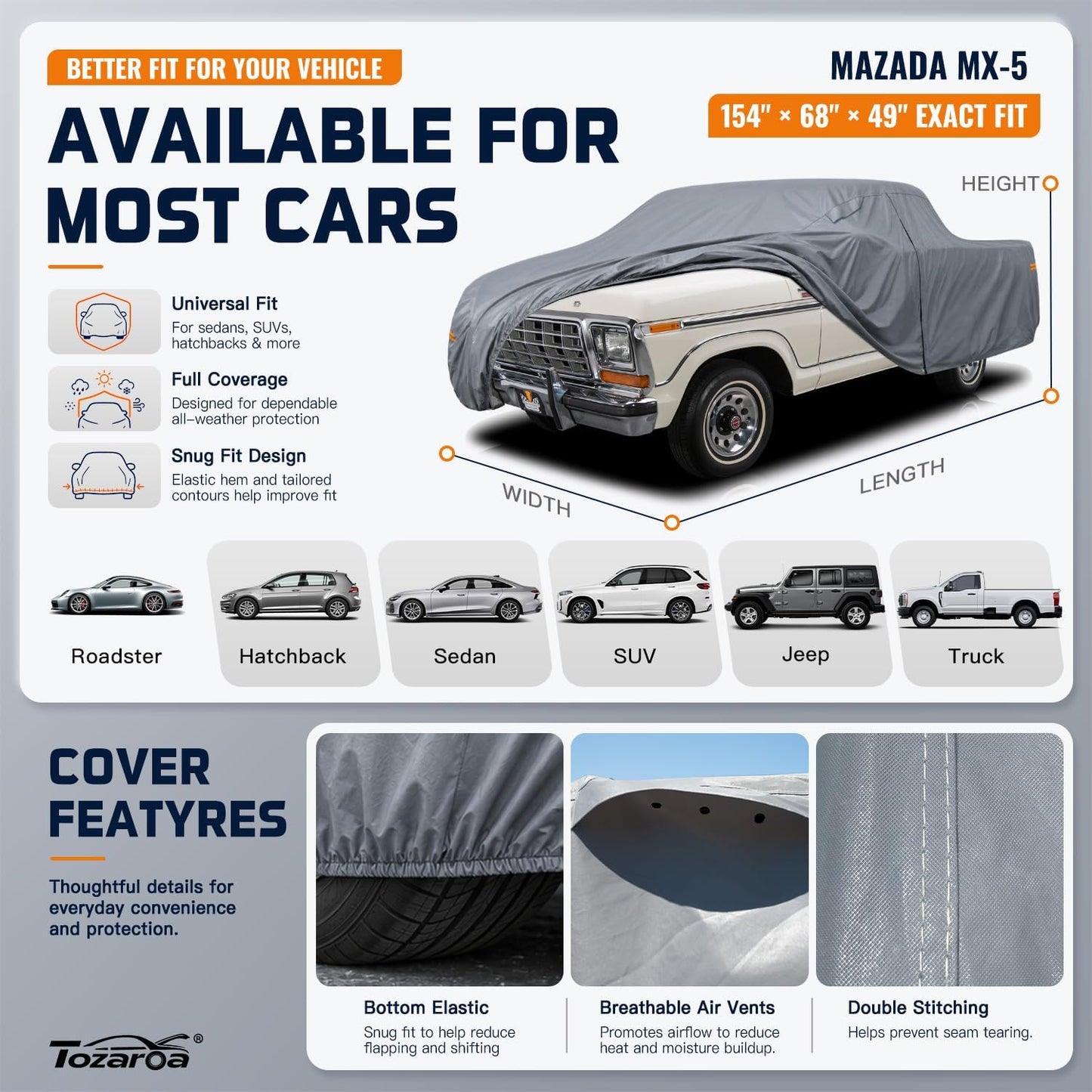 SUV Cover Waterproof All-Weather,Outdoor Full Exterior Automobiles SUV(Length 182-190 inch) with Windshield Sun Shade Universal Fit Toyota RAV4,CRV,Model Y,Q5,Size S2 (See SizeChart)