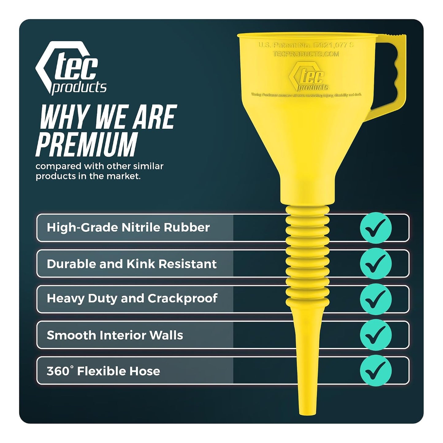TEC Products FlexAll Long Flexible Funnels - Automotive Oil Funnel with Hose, Durable Nitrile Rubber for Oil Change, Transmission Funnel Fluid, Diesel, Fuel, Gas - Made in USA - Red (16 x 5 Inches)