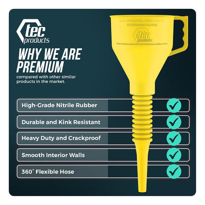 TEC Products FlexAll Long Flexible Funnels - Automotive Oil Funnel with Hose, Durable Nitrile Rubber for Oil Change, Transmission Funnel Fluid, Diesel, Fuel, Gas - Made in USA - Red (16 x 5 Inches)