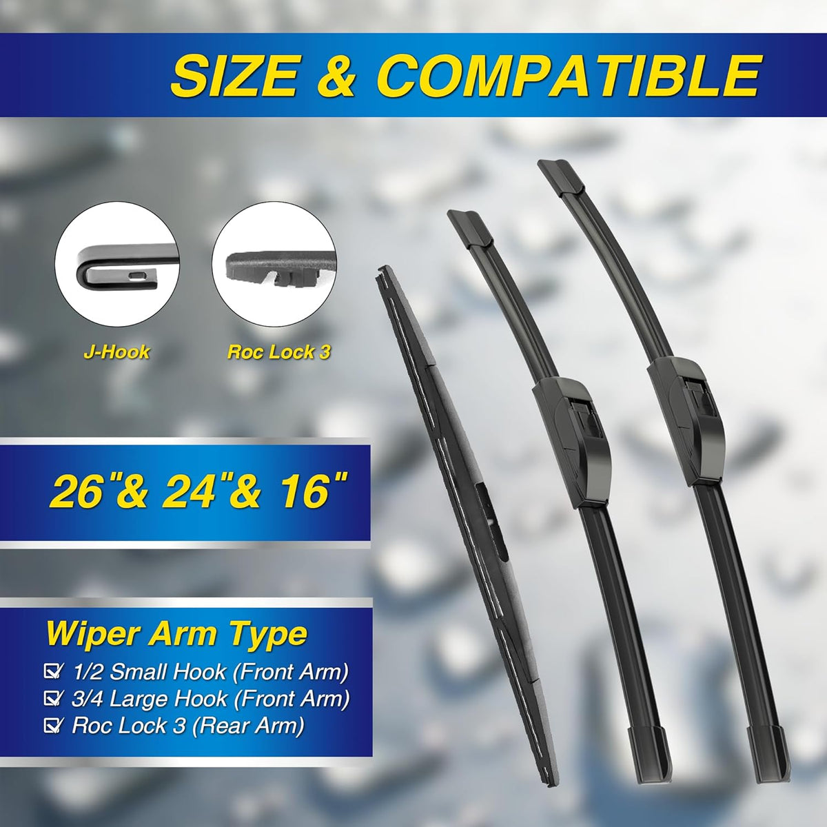 5 PLUS® Silicone Windshield Wipers Replacement for 2019-2024 Toyota RAV4/ 2006-2015 Mazda 5 Wiper Blades(Set of 3), Windshield Wiper Blades For My Car-26"/16"/12" - Colors C