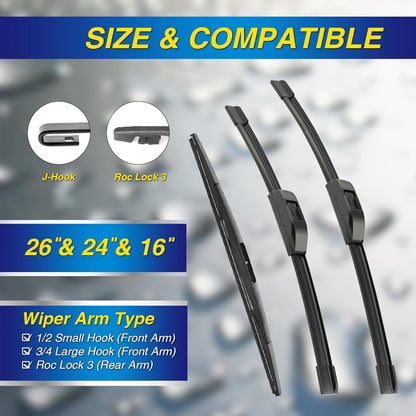 5 PLUS® Silicone Windshield Wipers Replacement for 2019-2024 Toyota RAV4/ 2006-2015 Mazda 5 Wiper Blades(Set of 3), Windshield Wiper Blades For My Car-26"/16"/12" - Colors C
