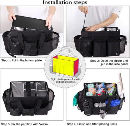 Large Cleaning Caddy Bag Built-in Sturdy Support Board, Cleaning Organizer with Detachable Divider, Cleaning Supply Tote with Adjustable Shoulder Strap&Waist Belt for Cleaners & Housekeeper