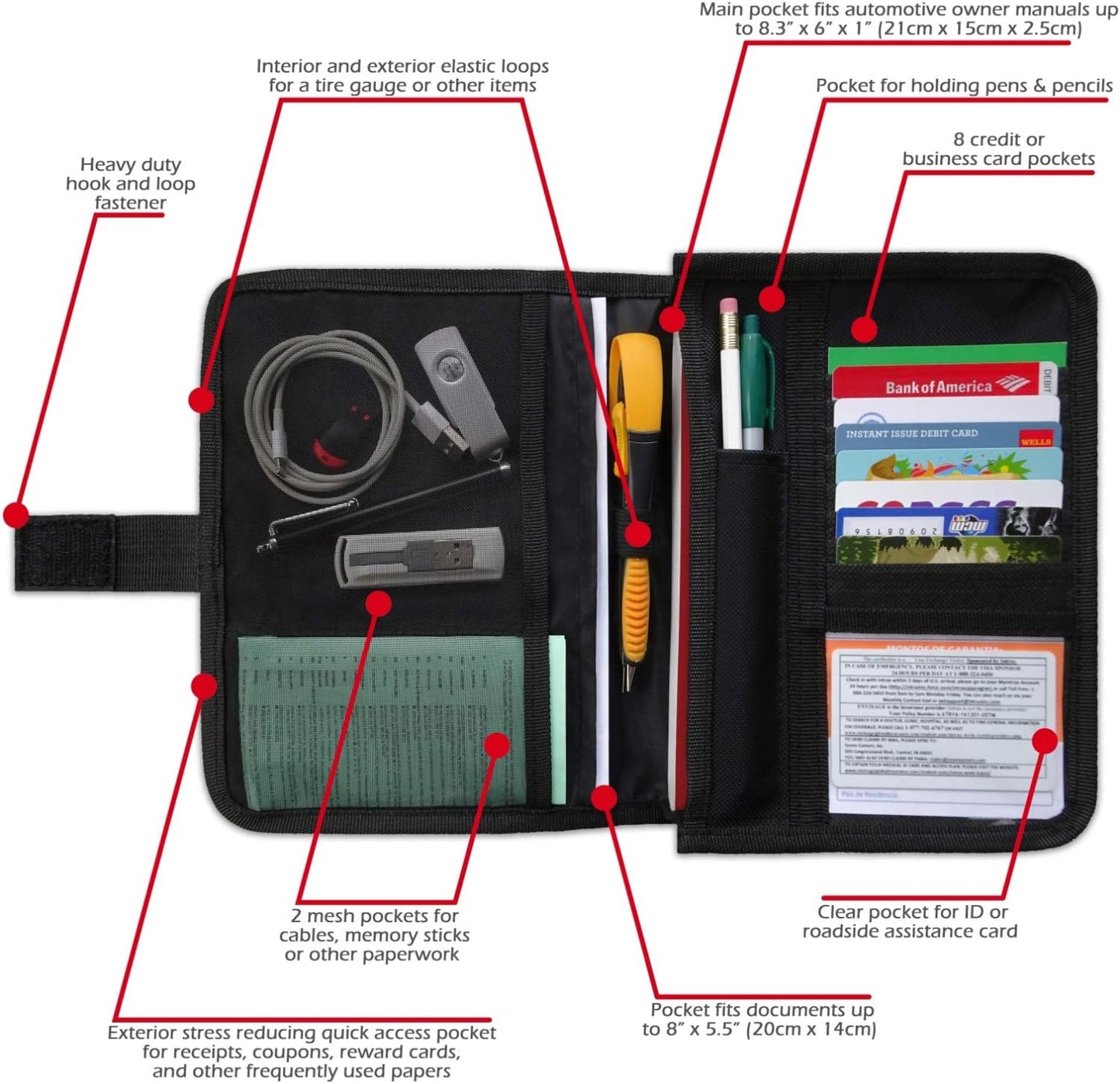 Glove Box Compartment Organizer - Car Document Holder - Owner Manual Case Pouch - Vehicle Storage Wallet for Registration & Insurance Card - Premium Auto Paperwork Holder - Log Book included - Black
