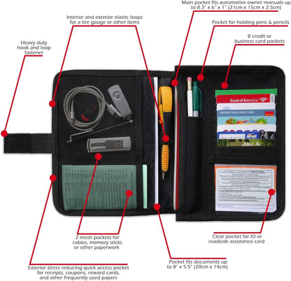 Glove Box Compartment Organizer - Car Document Holder - Owner Manual Case Pouch - Vehicle Storage Wallet for Registration & Insurance Card - Premium Auto Paperwork Holder - Log Book included - Black
