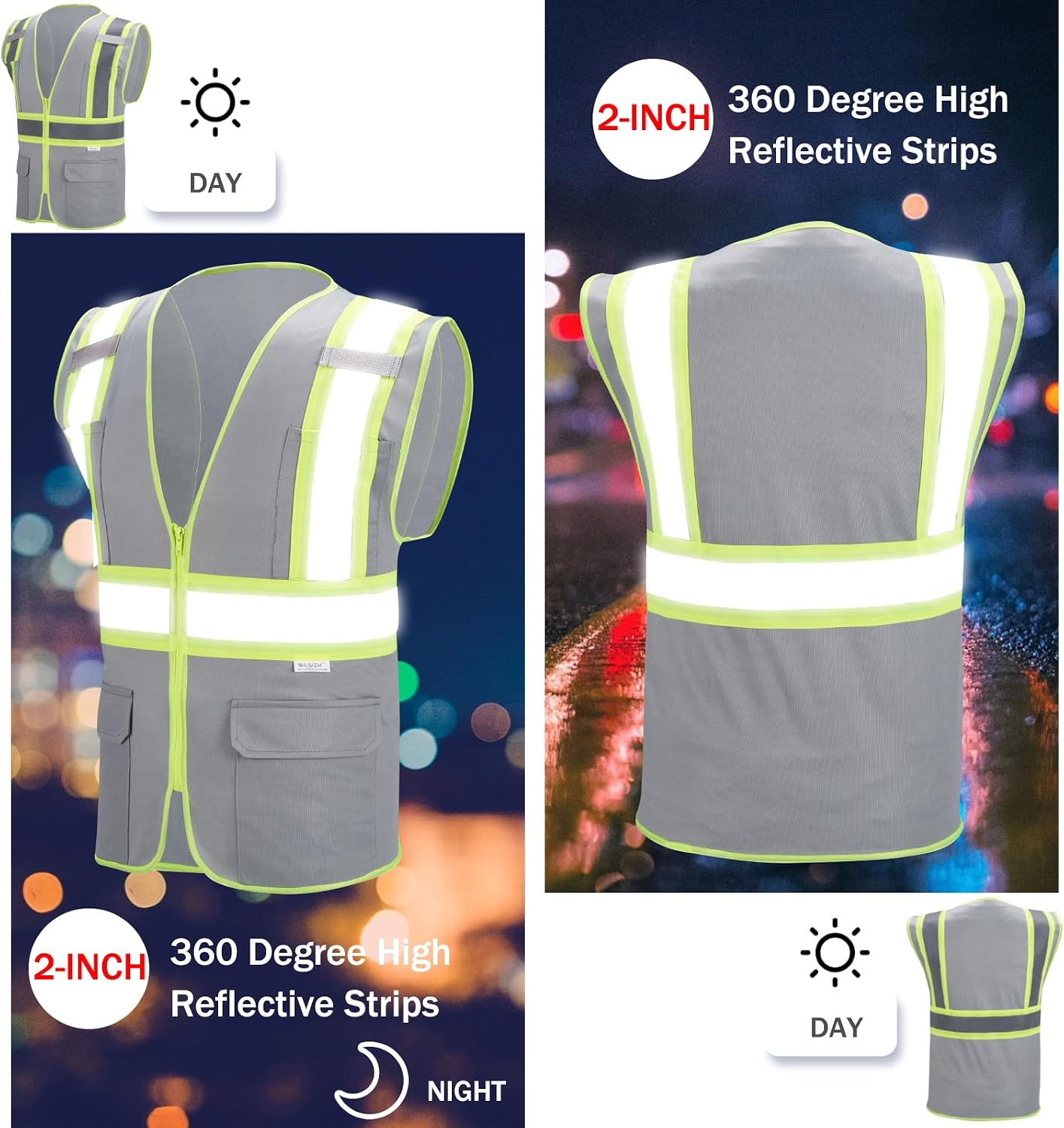 High Visibility Reflective Safety Vest with Zipper and Pockets Orange,M
