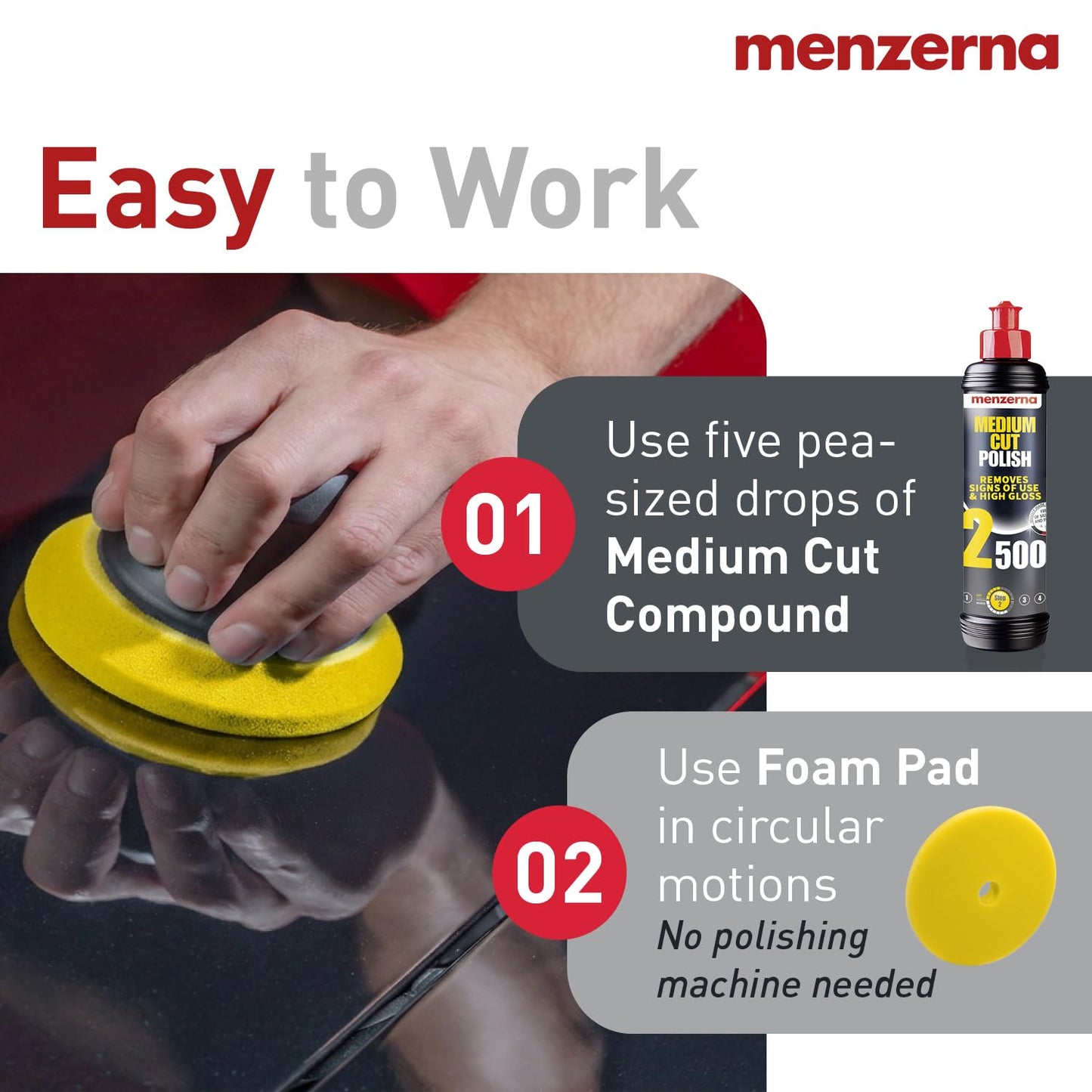 menzerna Medium Cut Polish 2500" I Abrasive Polishing Compound for Medium Scratches and Signs of Use I Buffing and Polishing Compound for Scratch Repair & a Glossy Finish I Silicone Free I 8 fl oz.