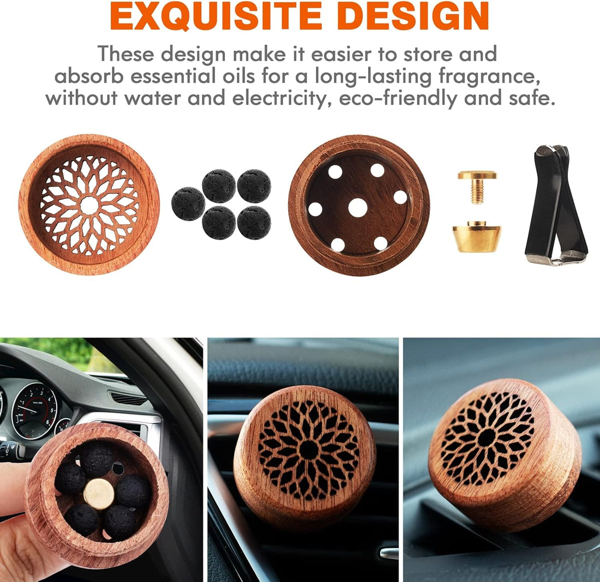 Essential Oil Car Diffuser, 2 PCS Car Aromatherapy Wood Diffuser with Vent Clip