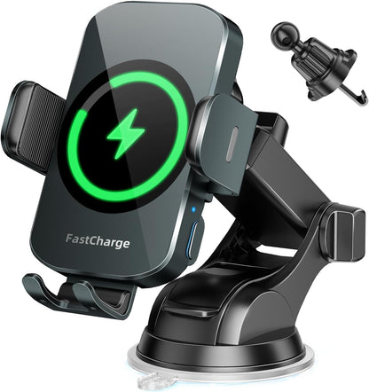 3-in-1 Wireless Car Charger Mount, 15W Fast Charging Auto-Clamping Phone Holder for iPhone 17 16 15 14, Samsung Galaxy S24 S23, Dashboard, Vent & Windshield Car Mount(Black)