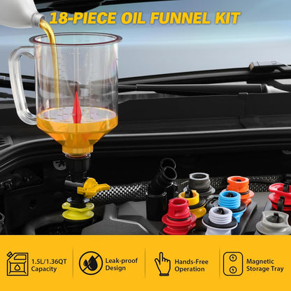 18-Piece No Spill Engine Oil Funnel Kit, 1.59QT/ 1.5L Automotive Coolant Funnel Set, 12 Adapters, Elbow Fitting, Arrow Screen & Magnetic Tray, Compatible with GM, Ford, BMW, Audi, Land Rover Etc