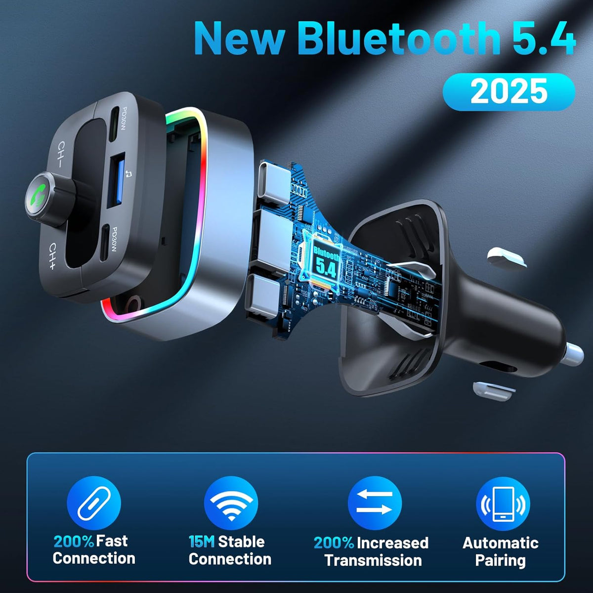 Bluetooth 5.4 Car Adapter 60W Charging USB Bluetooth Adapter for Car,Wireless Fm Transmitter Radio,Handsfree Calling and Audio Receiver,HiFi Music Player,7 Colors LED Backlit