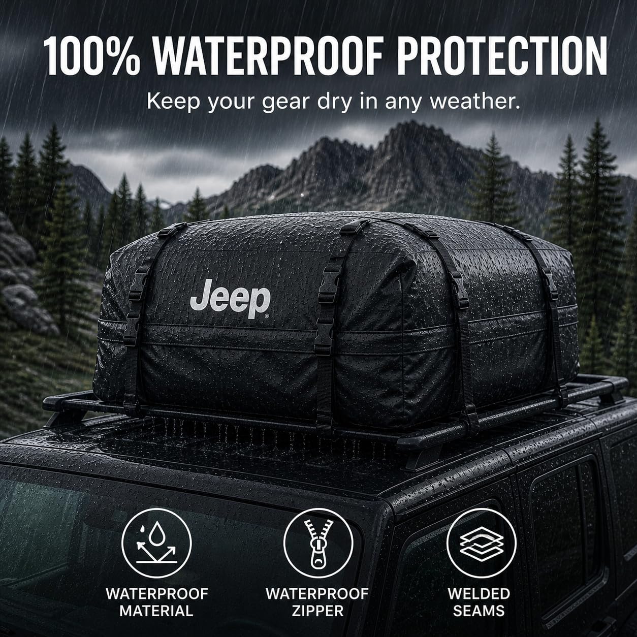 SR1 Performance USA Waterproof Rooftop Cargo Bag – Car Roof Carrier for Cars/SUVs with/Without Rack, Includes Non-Slip Mat, Heavy-Duty Straps, Lock for Secure Travel Storage (20 Cubic Feet, Jeep Logo)