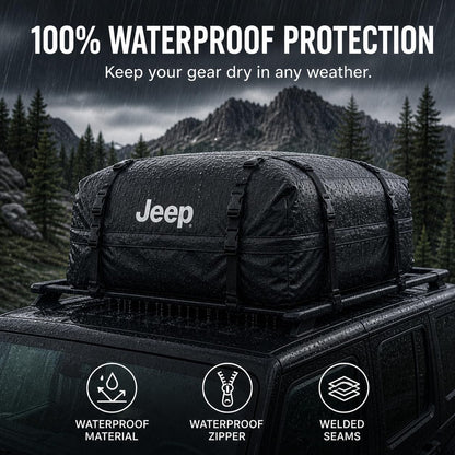 SR1 Performance USA Waterproof Rooftop Cargo Bag – Car Roof Carrier for Cars/SUVs with/Without Rack, Includes Non-Slip Mat, Heavy-Duty Straps, Lock for Secure Travel Storage (20 Cubic Feet, Jeep Logo)