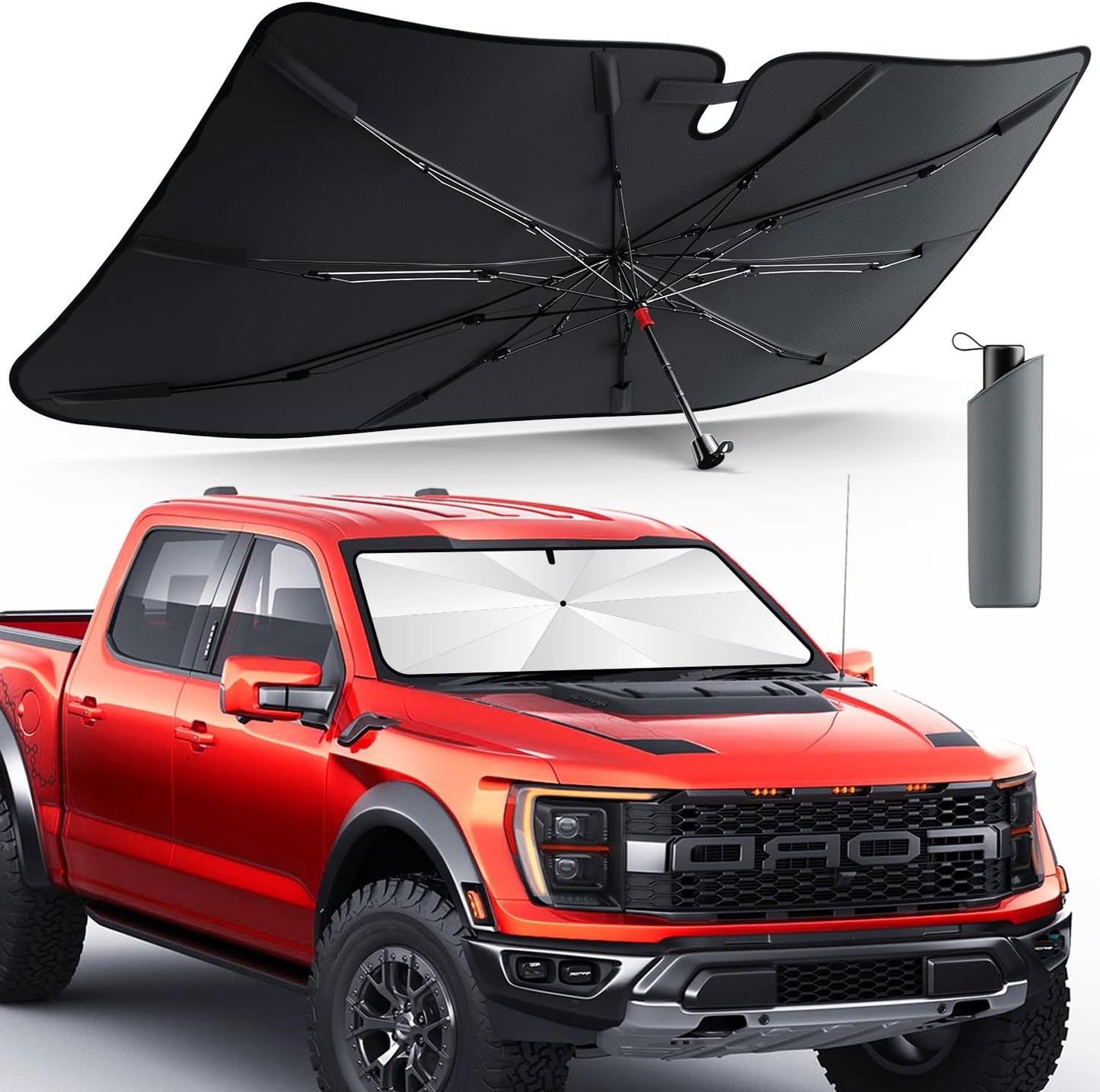 DMJN Umbrella Windshield Sun Shade - Medium, Car Sunshade for Front Windshield [Nano Ice-Crystal Coatings] UPF50+ Heat & UV Block, Protect Interior & Keep Cooler Universal for Car, SUV, Truck