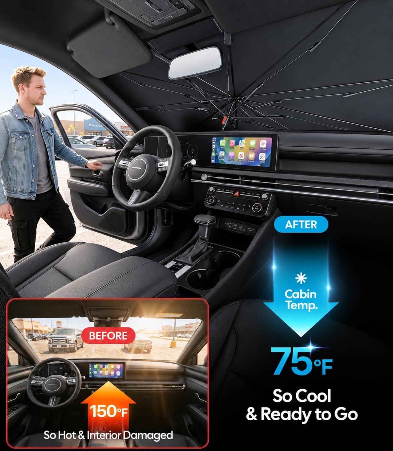 Wigoo Windshield Sun Shade Umbrella for Tesla Model Y [100% Sun Blockage, Ice Cooling Fabric] Foldable Heat Insulation Front Window Sunshade Umbrella for Tesla Model Y 2020–2026 (Juniper)