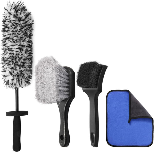 9PCS Professional Wheel Detailing Kit - Microfiber Flat Rim Brush w/Removable Cover, Boar Hair Detail Brush, Cleaning Pads, Towel & Storage Bag | Scratch-Free for All Vehicles