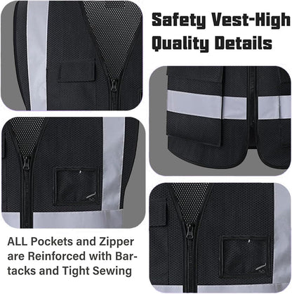 Reflective Mesh Safety Vest, Breathable Hi Vis Vest Construction Work with 5 Pockets and Zipper for Men Women