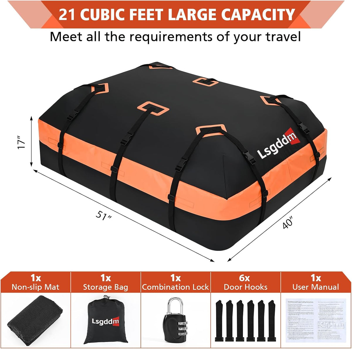 Roof Bag, Waterproof Soft Car Top Carrier Without Rack, 15 Cubic Feet Cargo Carrier for Top of All Vehicles with/Without Rack, Includes Anti-Slip Mat, 4 Door Hooks, Luggage Lock, Storage Bag