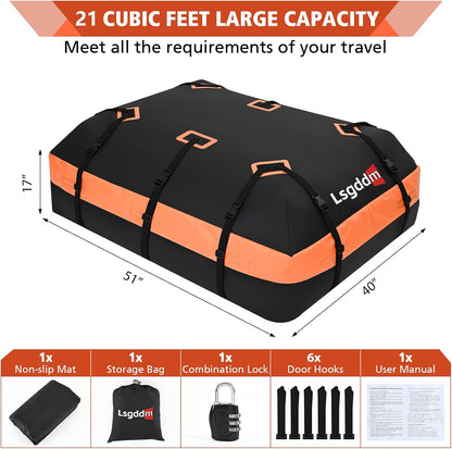 Roof Bag, Waterproof Soft Car Top Carrier Without Rack, 15 Cubic Feet Cargo Carrier for Top of All Vehicles with/Without Rack, Includes Anti-Slip Mat, 4 Door Hooks, Luggage Lock, Storage Bag