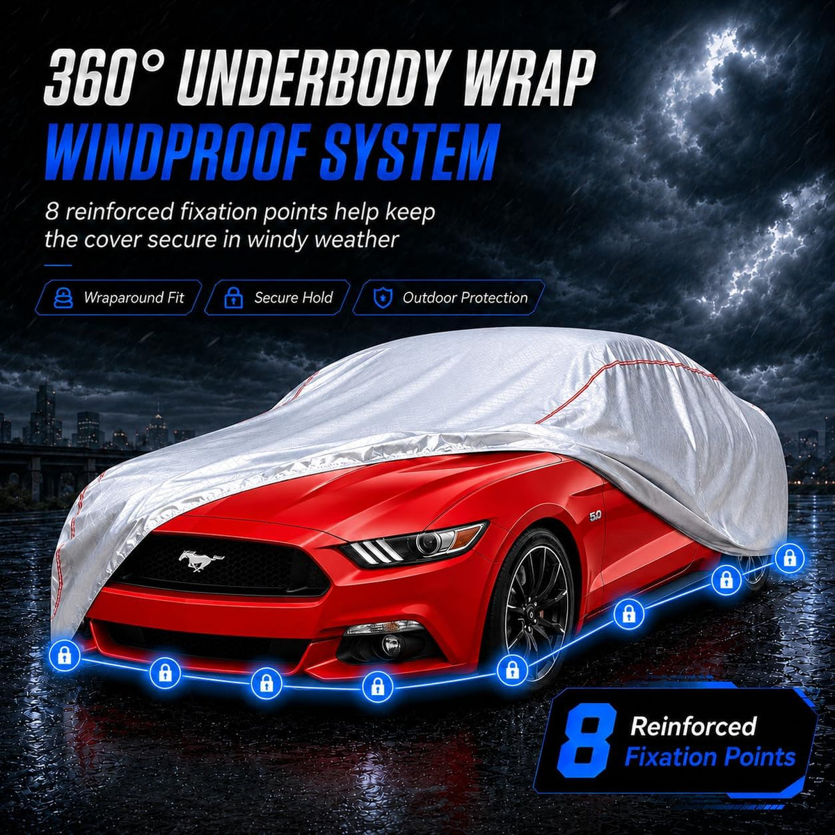 Car Cover for Sedan, Waterproof All Weather Heavy Duty, 360° Underbody Wrap Windproof Design, Quick Install Outdoor Vehicle Cover, Fits 186-193 in
