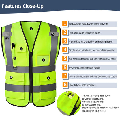 Reflective Safety Vest for Women Men High Visibility Security With Pocket Zipper Front Meet ANSI/ISEA Standard