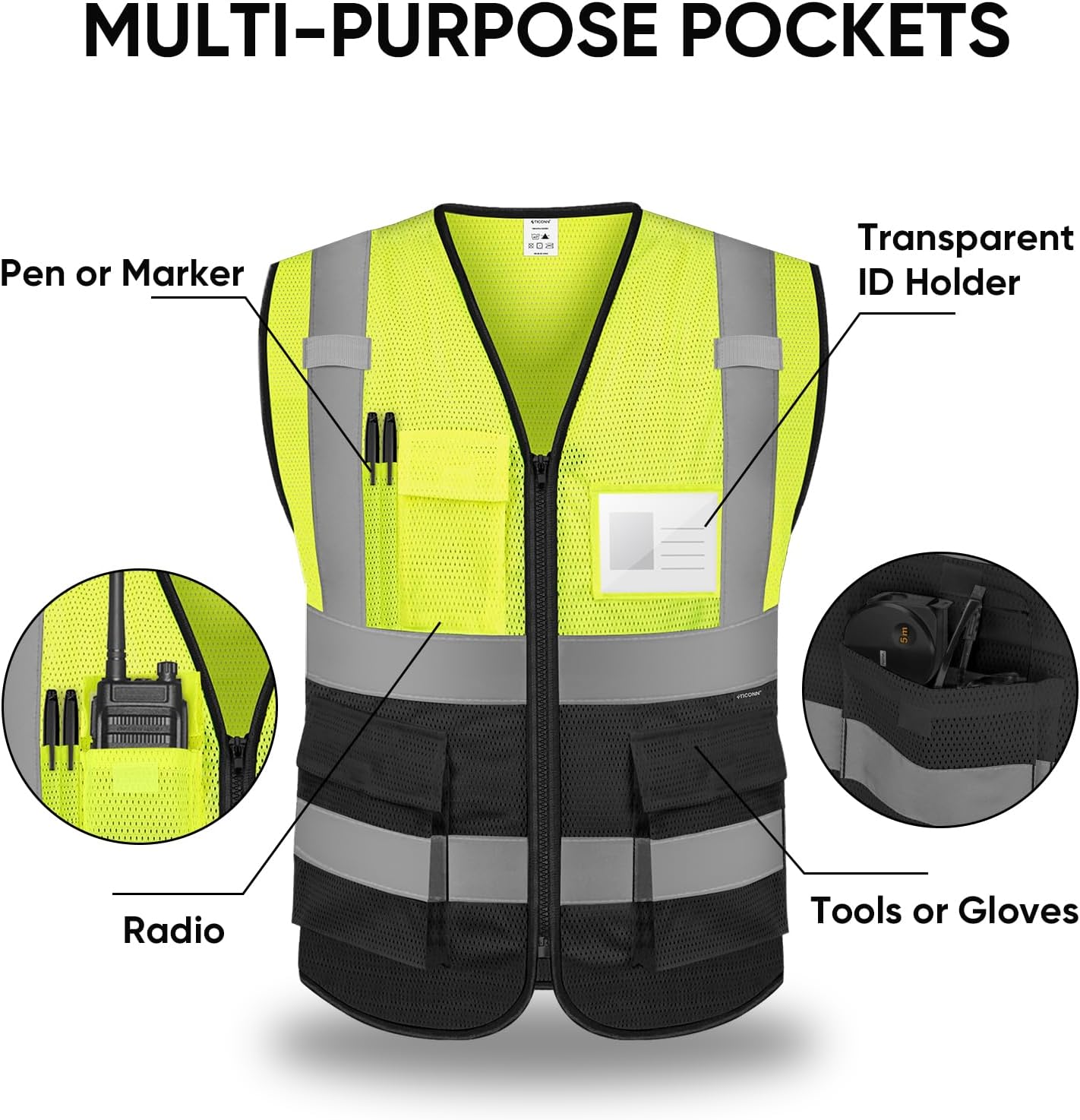 TICONN Reflective Safety Vest High Visibility Class II Mesh Vest for Women & Men Meets ANSI Standards
