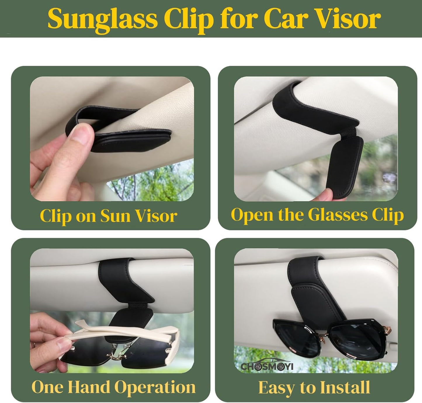 CHOSMOYI Magnetic Leather Sunglass Holder for Car, Sunglasses Clip for Car Visor, Auto Interior Accessories Universal for Different Size Eyeglasses (Black)