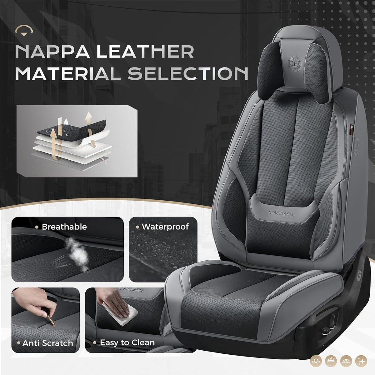 Coverado Seat Covers Full Set, Black Seat Covers for Cars 5 Seats, Car Seat Protector, Waterproof Nappa Leather Car Seat Cushion, Front and Rear Car Seat Cover Fit for Most Sedans SUV Pick-up Truck - Colors A