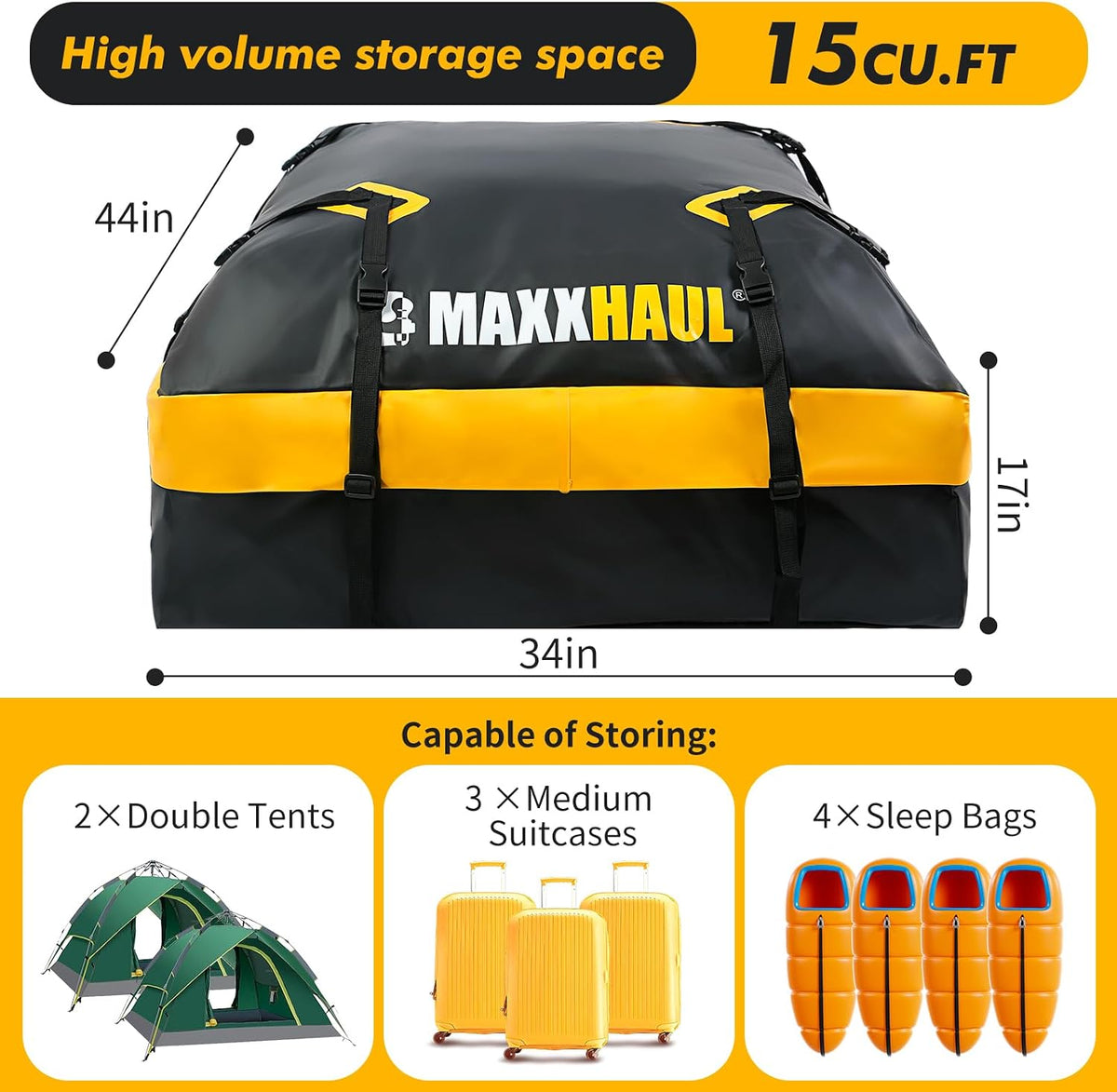 MaxxHaul Rooftop Cargo Bag 15 Cu Ft - Waterproof Universal Car Roof Carrier with Luggage Lock - No Rack Needed - Anti-Slip Mat - 100 lb Capacity - for Cars & SUV's (50719)