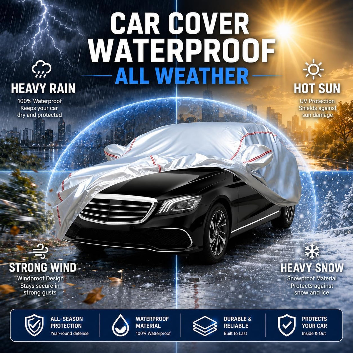Car Cover for Sedan, Waterproof All Weather Heavy Duty, 360° Underbody Wrap Windproof Design, Quick Install Outdoor Vehicle Cover, Fits 186-193 in