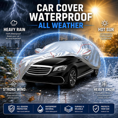Car Cover for Sedan, Waterproof All Weather Heavy Duty, 360° Underbody Wrap Windproof Design, Quick Install Outdoor Vehicle Cover, Fits 186-193 in