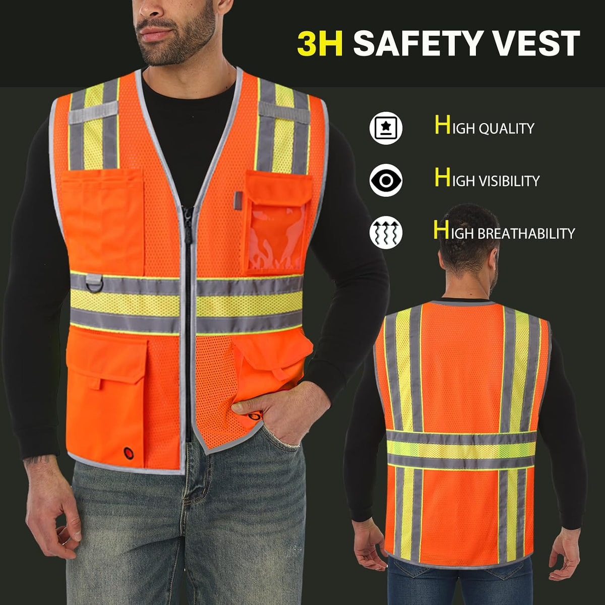 JKSafety Safety Vest for Men Women Hi Vis Relfective Vest with Pockets High Visibility Meet ANSI Standard