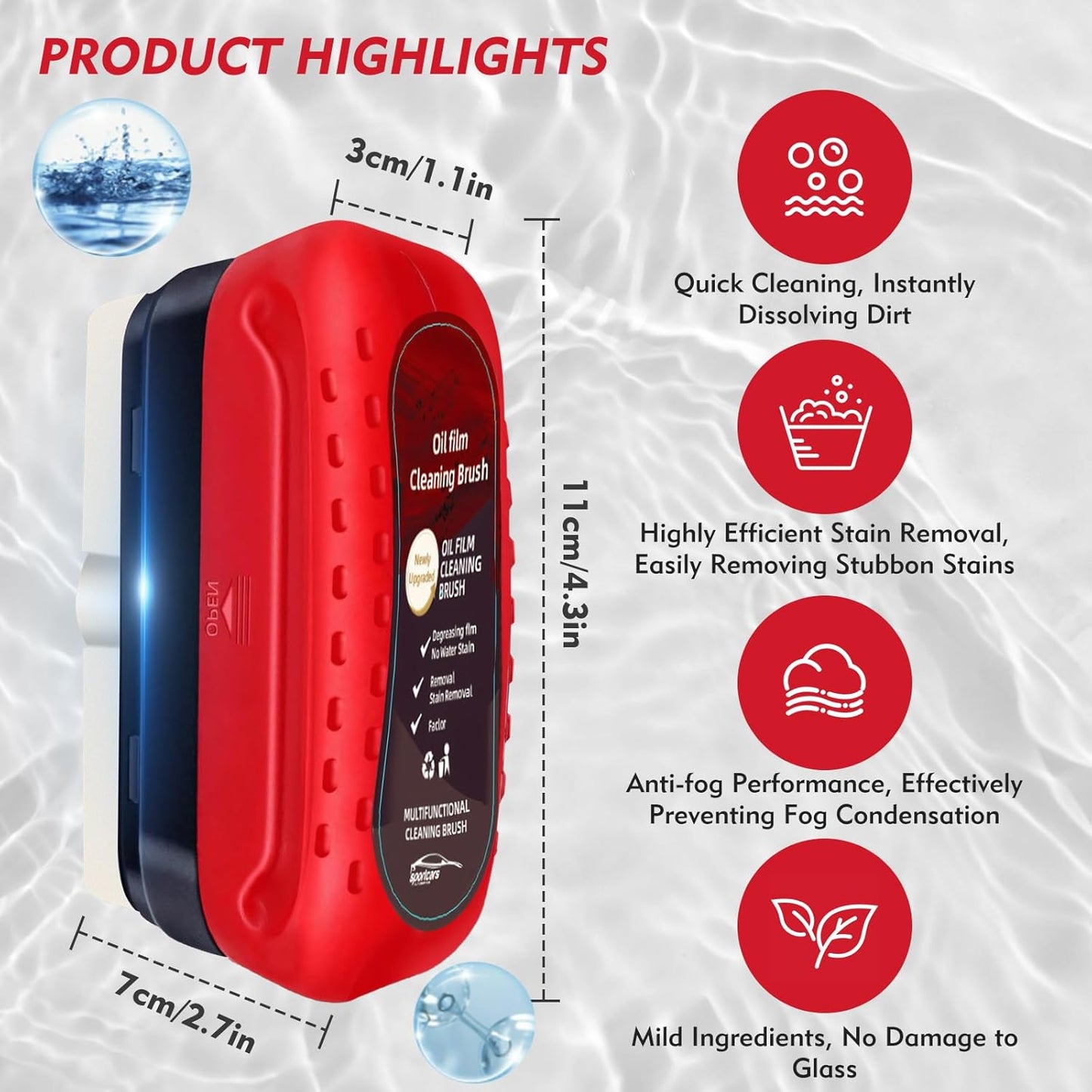 Automotive Oil Film Cleaning Brush, Upgraded Antifog & Rainproof Glass Cleaning Board, Reusable Glass Oil Film Remover for Car Windows & Windshields (Red)