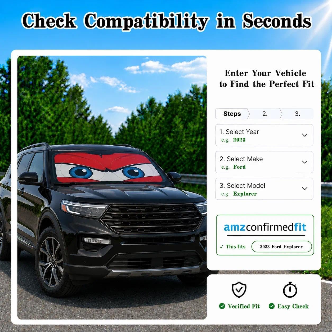 Car Windshield Sun Shade, Funny Cartoon Eyes Sun Visor for Car Windshield Universal Fits Sedan Compact Car Hatchback SUV, UV Heat Protection - 59 x 27.5