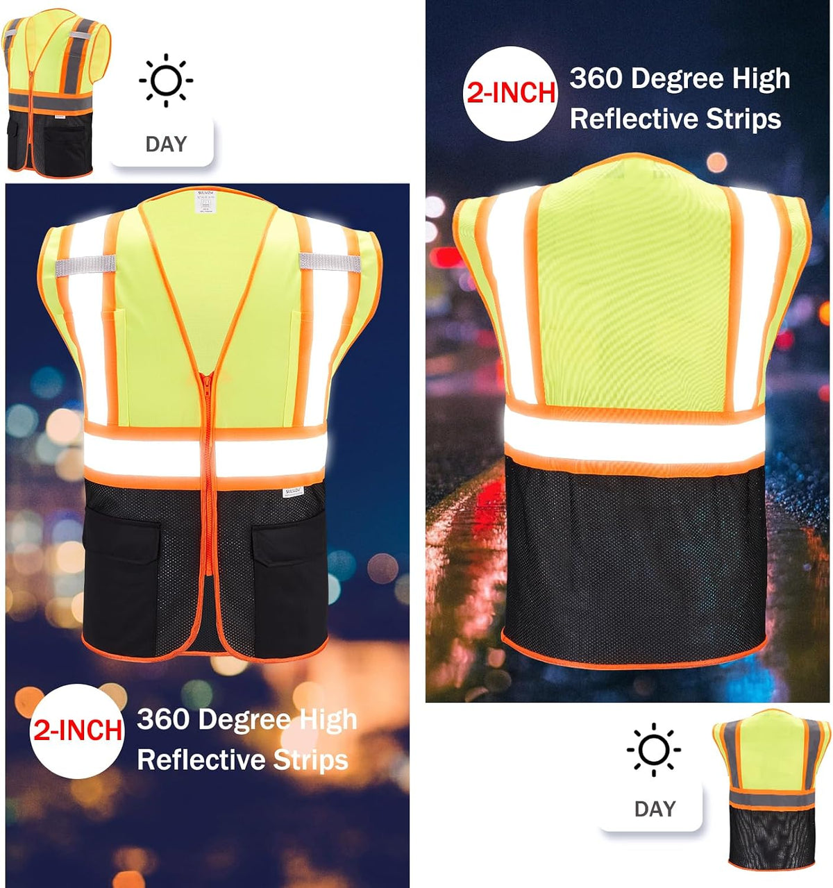 High Visibility Reflective Safety Vest with Zipper and Pockets Orange,M