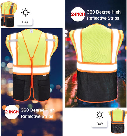 High Visibility Reflective Safety Vest with Zipper and Pockets Orange,M