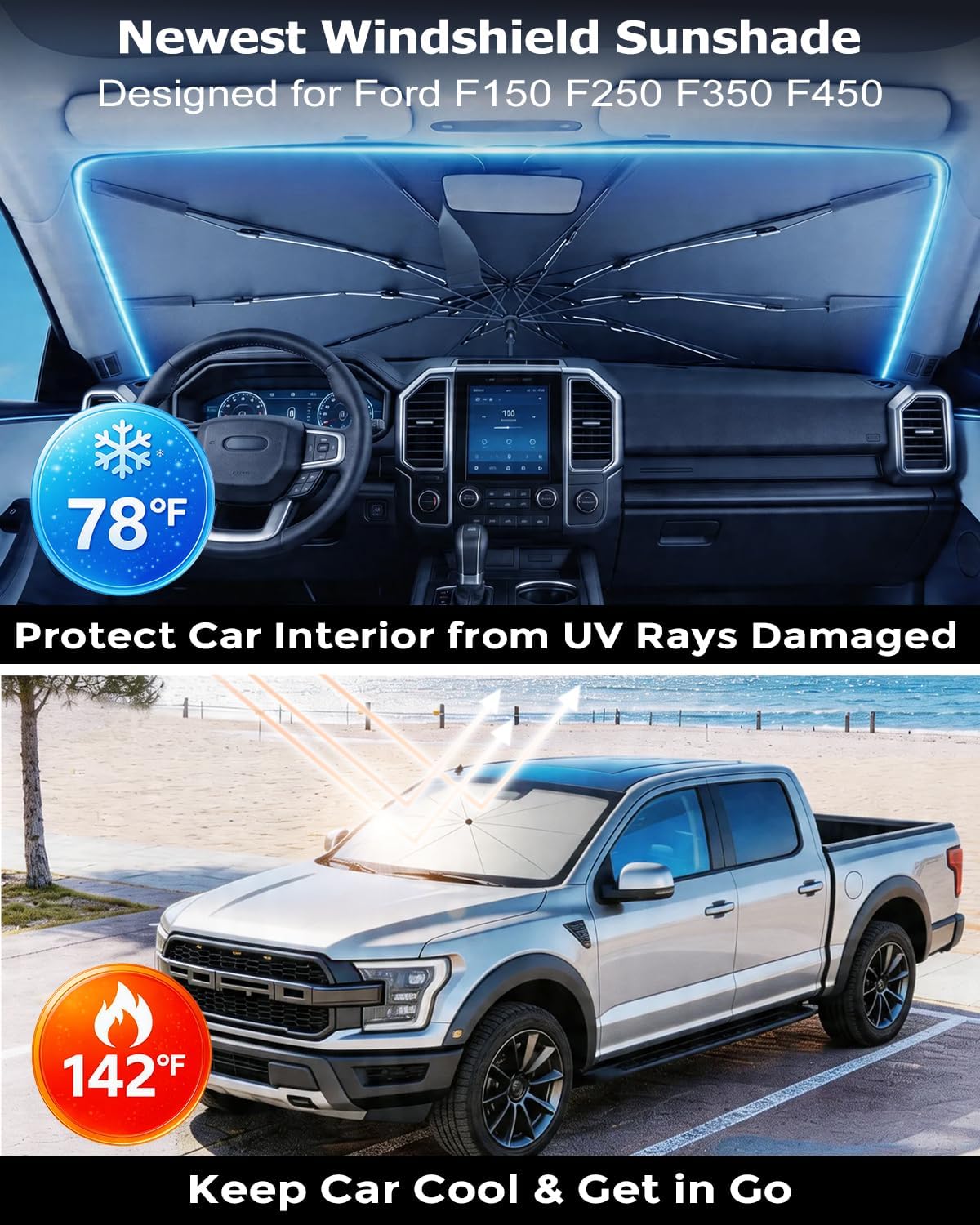 DMJN Umbrella Windshield Sun Shade - Medium, Car Sunshade for Front Windshield [Nano Ice-Crystal Coatings] UPF50+ Heat & UV Block, Protect Interior & Keep Cooler Universal for Car, SUV, Truck