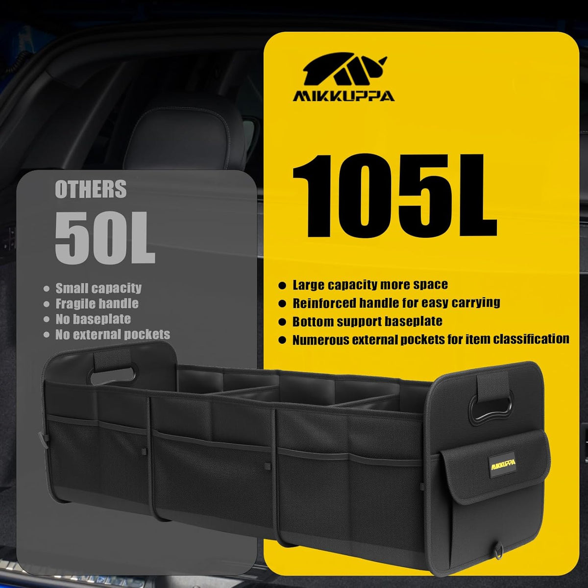 MIKKUPPA Car Trunk Organizer - 70L Collapsible Trunk Organizer for Groceries, Car Storage Organizers for SUV Auto Truck Van with Non Slip Bottom (Black)
