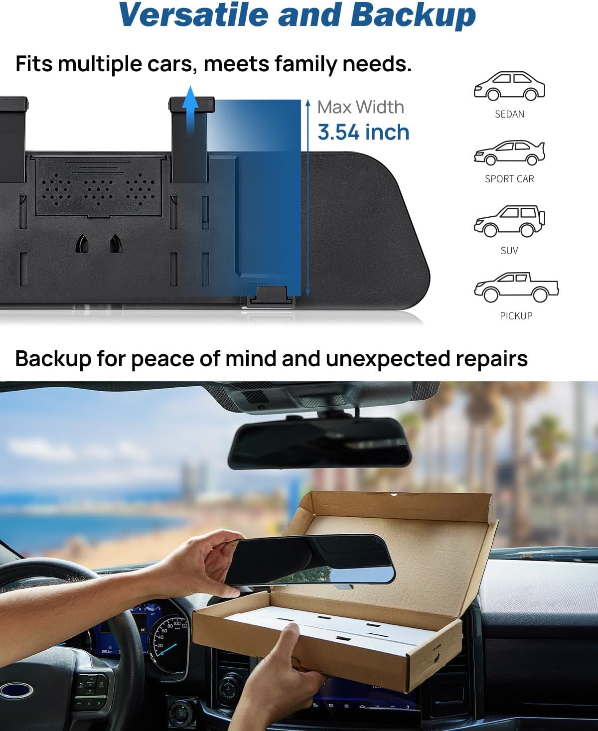 JOYTUTUS Rearview Mirror, 12 Inch Panoramic Interior Clip-on Wide Angle Convex Universal Rear View Mirror to Reduce Blind Spot Effectively for More Car SUV Trucks -Clear