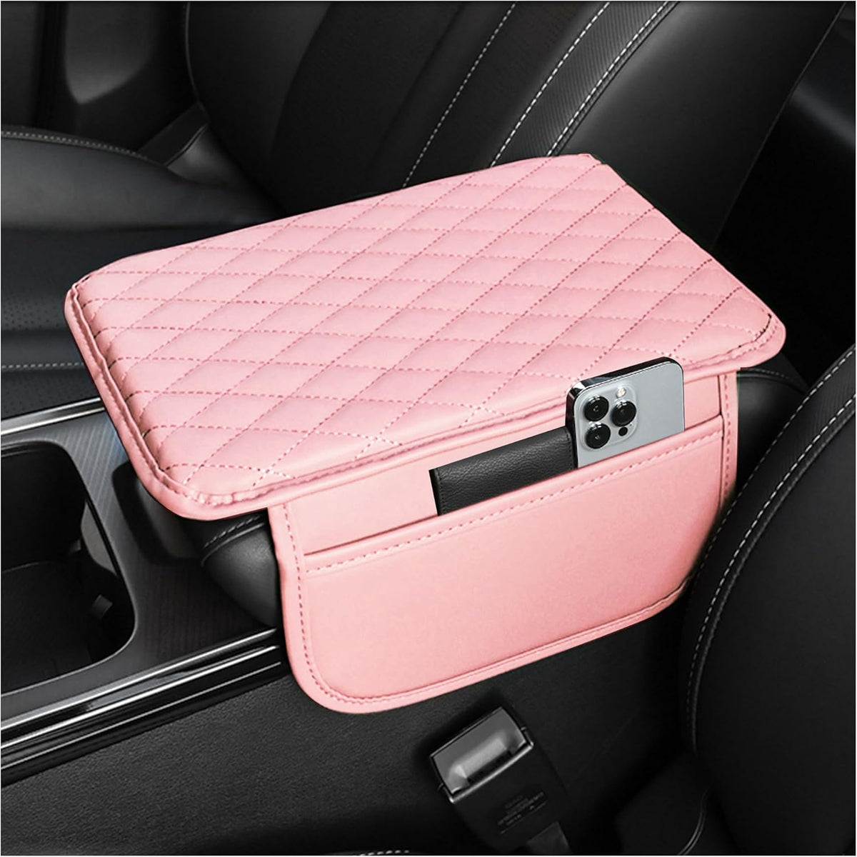Stacool Upgraded Car Center Console Cover,Microfiber Leather Car Armrest Cover Cushion with 2 Storage Bags,Universal Car Armrest Storage Box (Black)