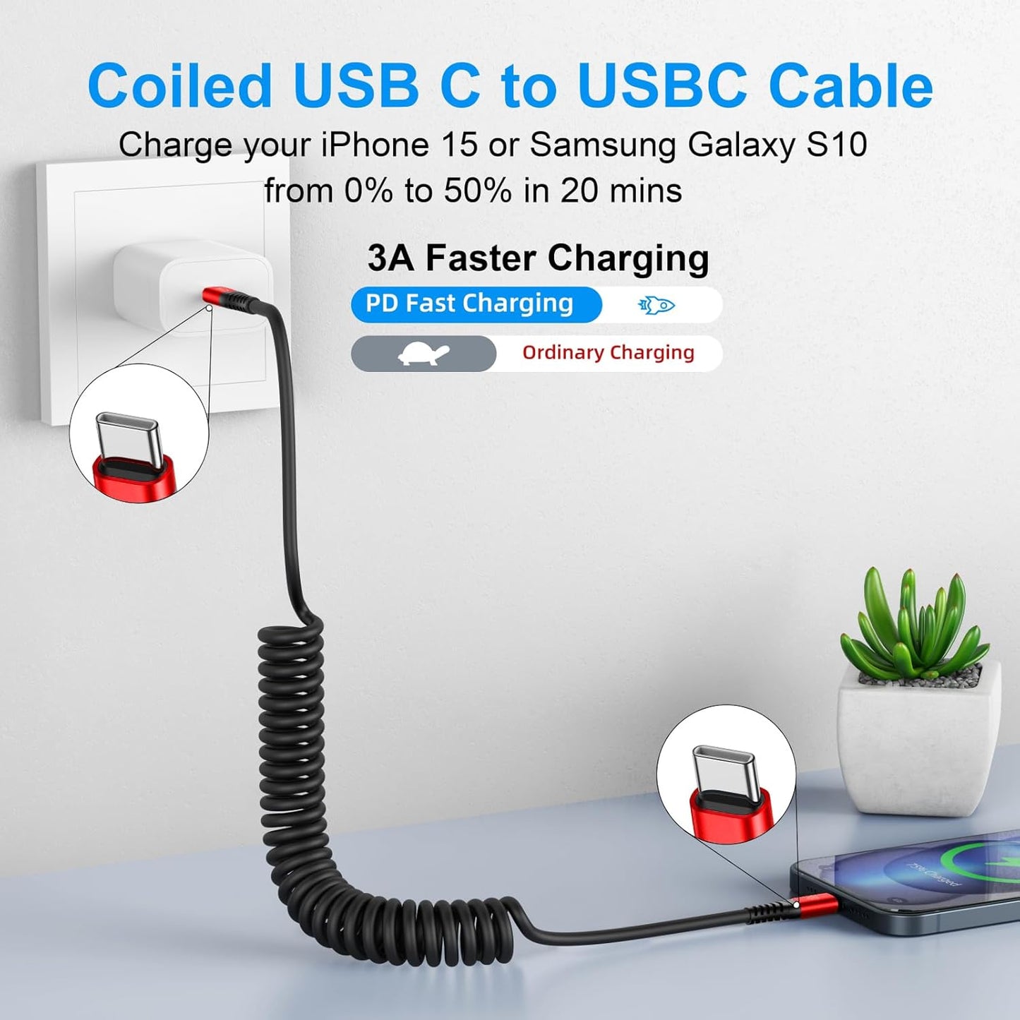 USB C to C Cable 3ft 2Pack Coiled USB C Charger Cable for Car Type C Fast Charging Cable for iPhone 17/16/15/Plus/Pro/Pro Max/Samsung Galaxy S23